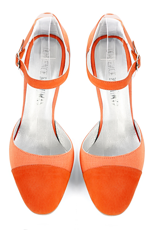 Clementine orange women's open side shoes, with an instep strap. Round toe. Very high slim heel. Top view - Florence KOOIJMAN